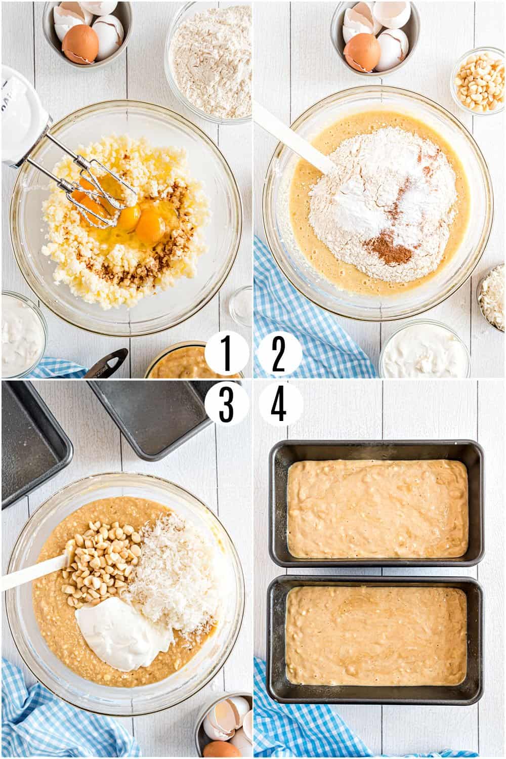 Step by step photos showing how to make coconut banana bread.