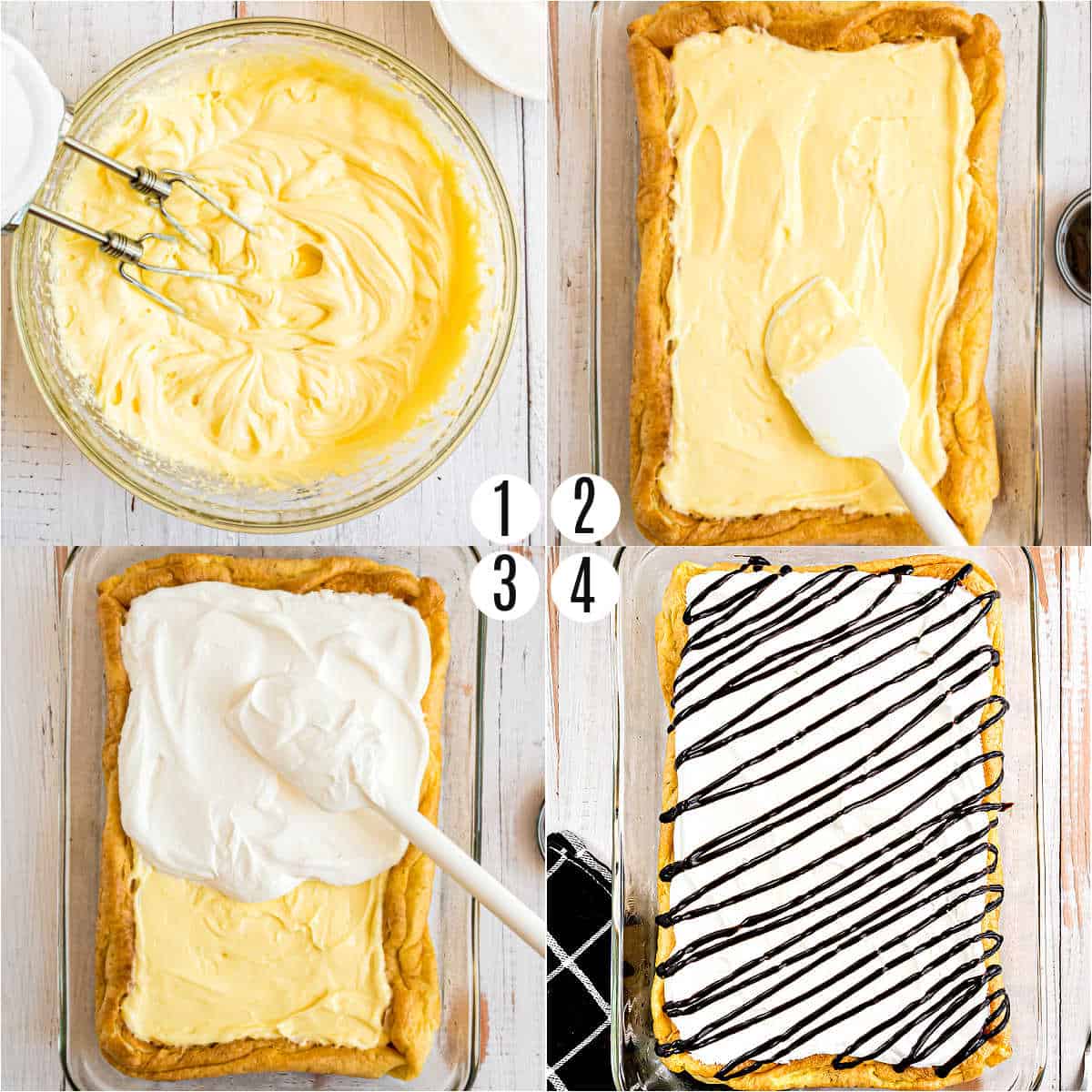 Step by step photos showing how to assemble cream puff cake.