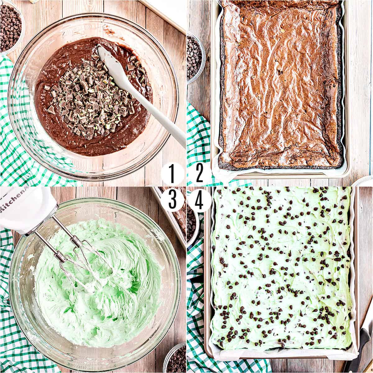 Step by step photos showing how to make mint chocolate chip brownies.