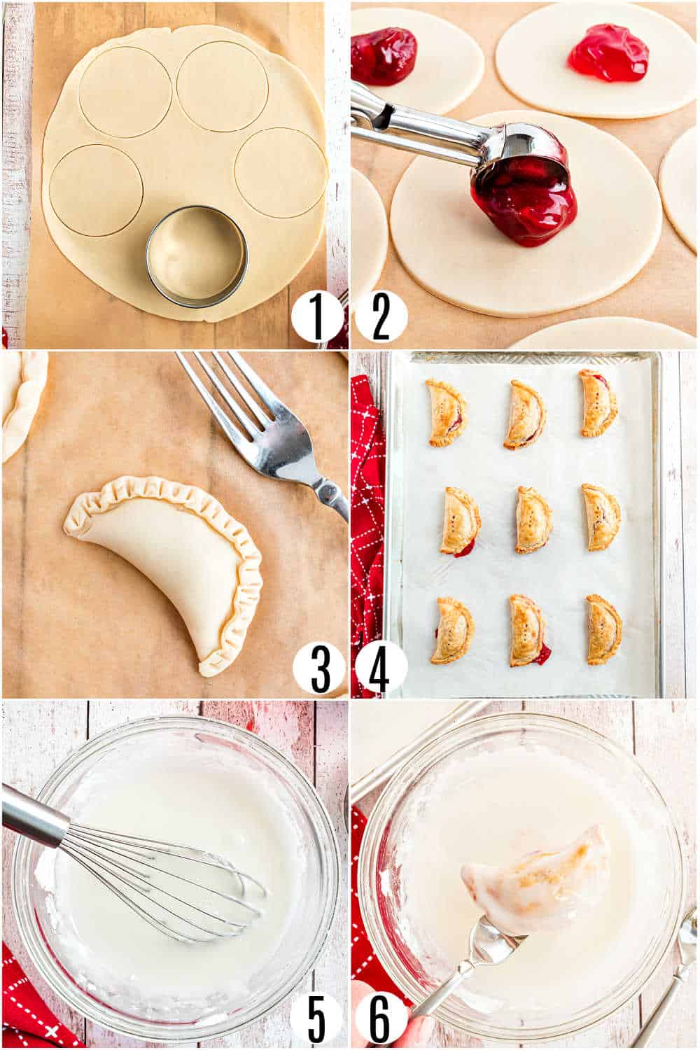 Step by step photos showing how to make strawberry hand pies.
