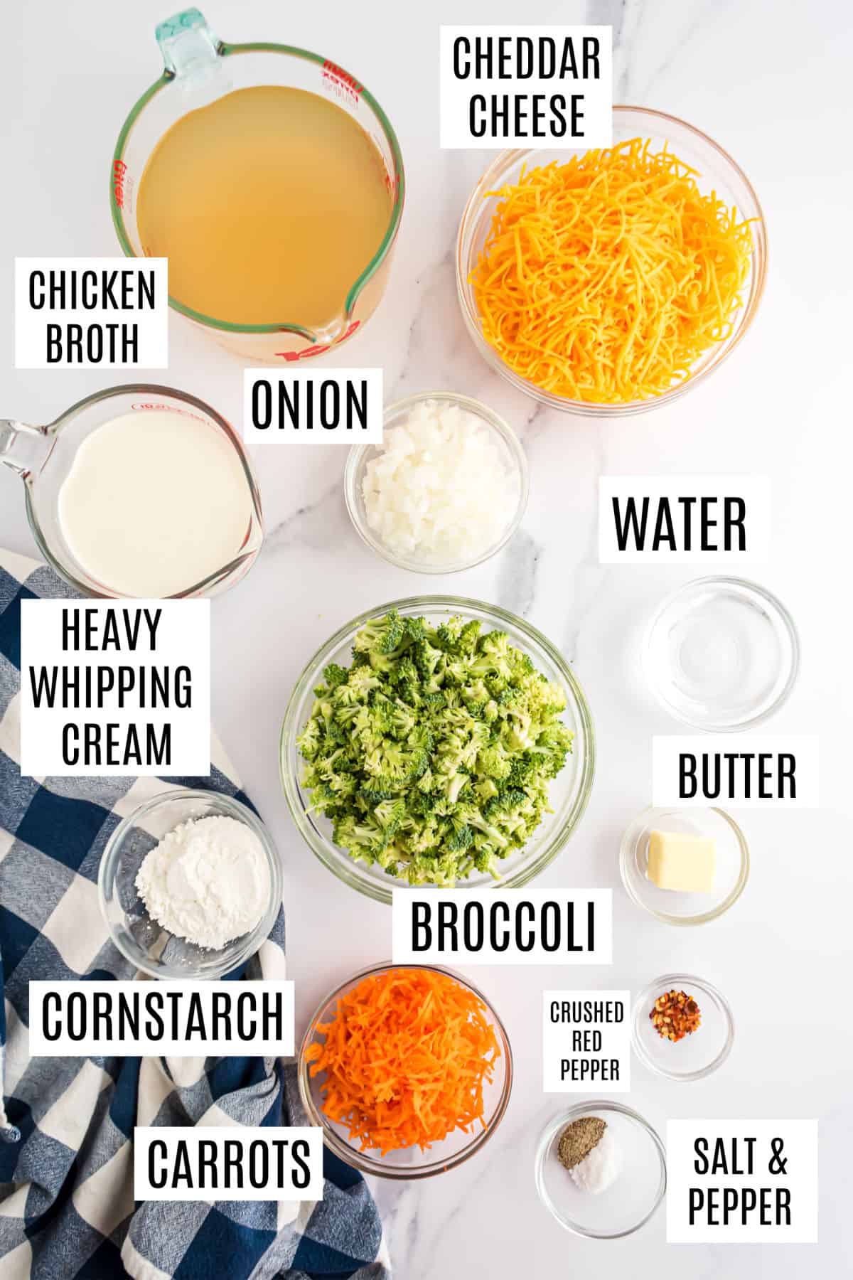 Ingredients needed to make broccoli cheese soup in the Instant Pot.