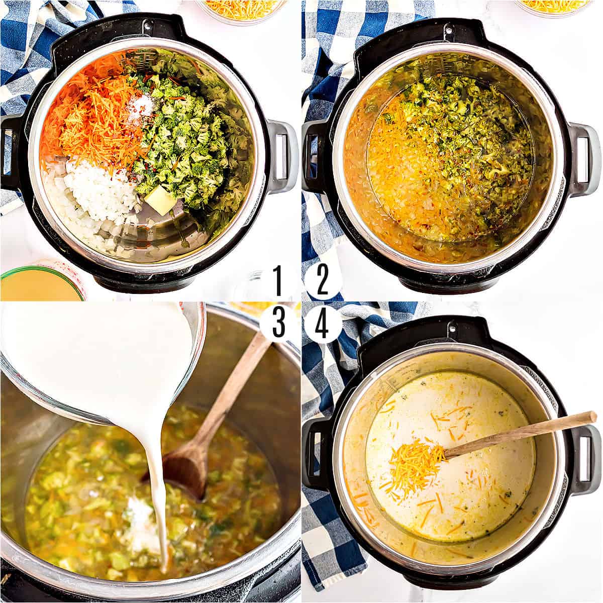 Step by step photos showing how to make broccoli cheese soup.