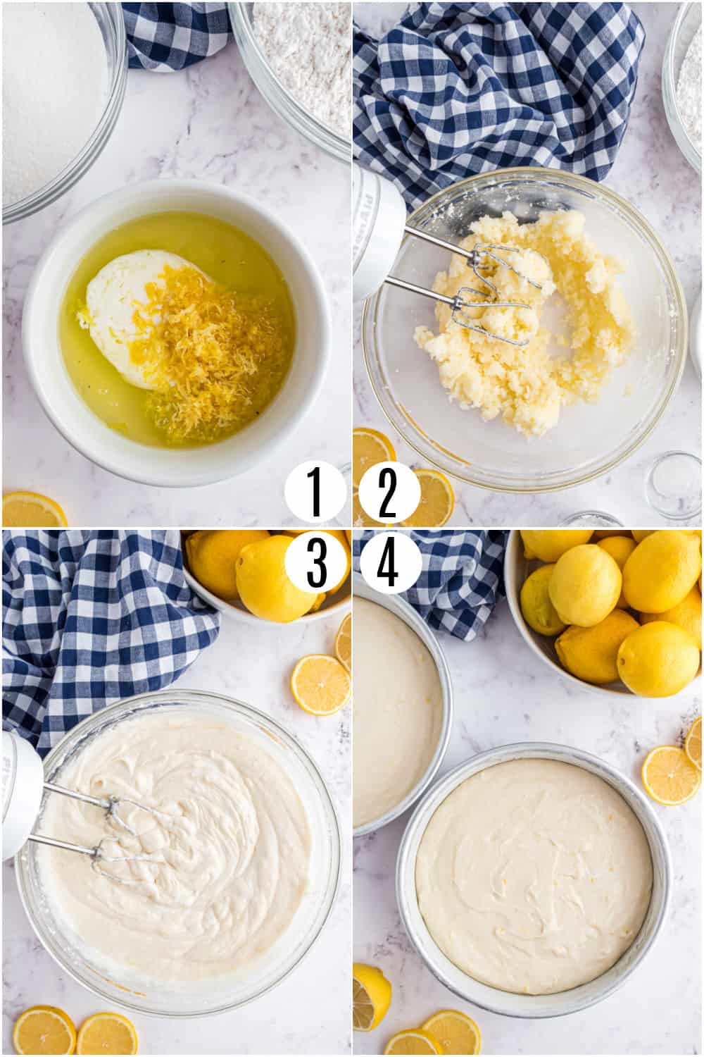 Step by step photos showing how to make a lemon layer cake.