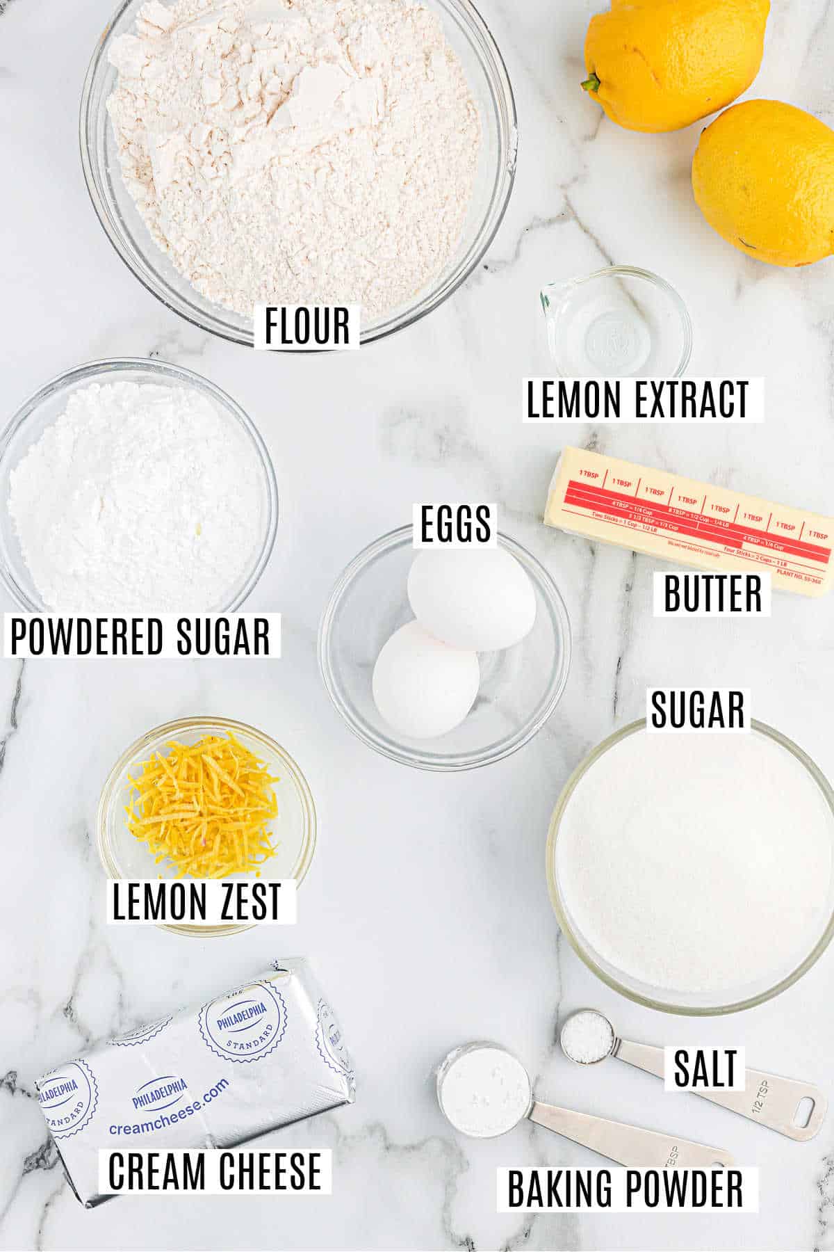 Ingredients needed to make lemon butter cookies.