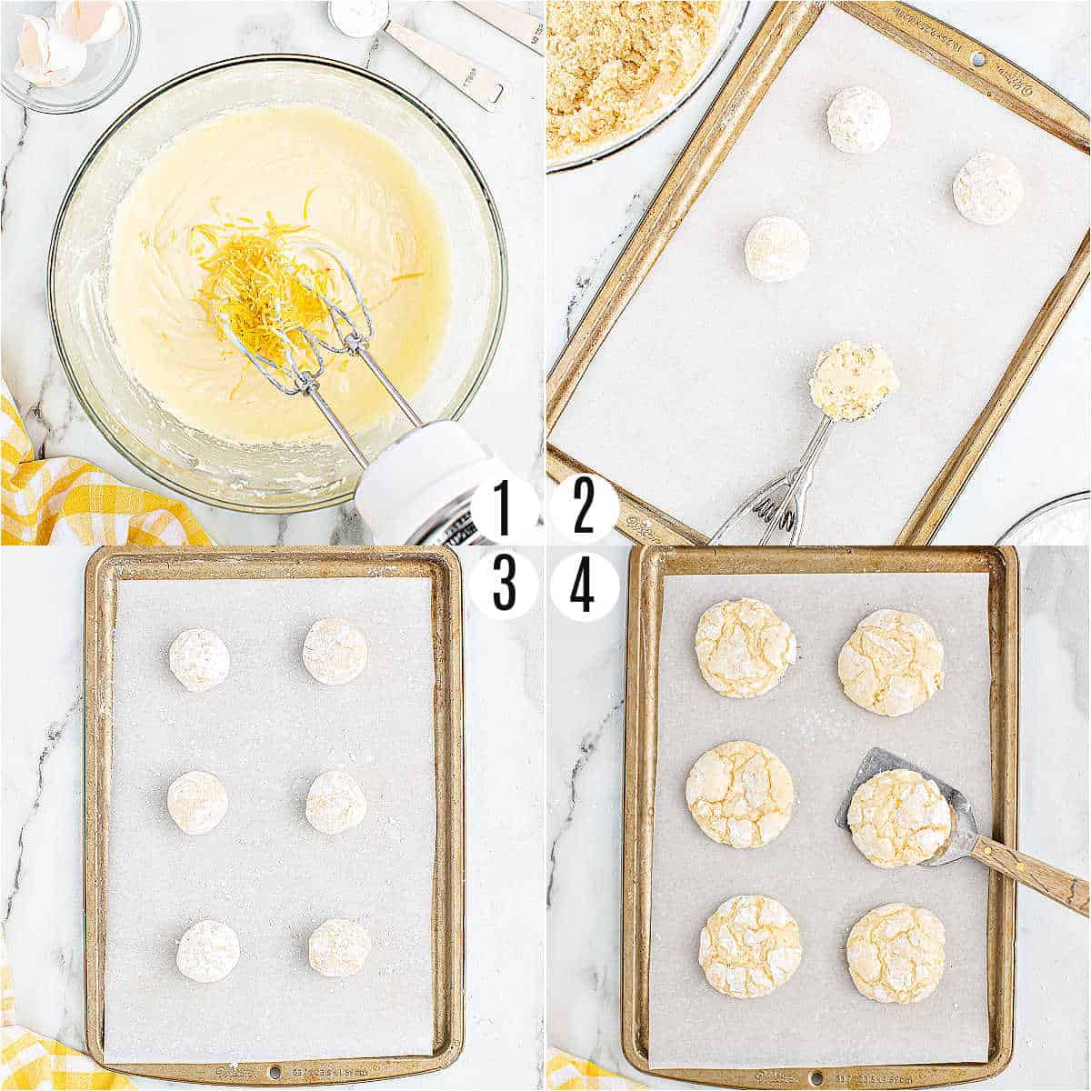 Step by step photos showing how to make lemon gooey cookies.