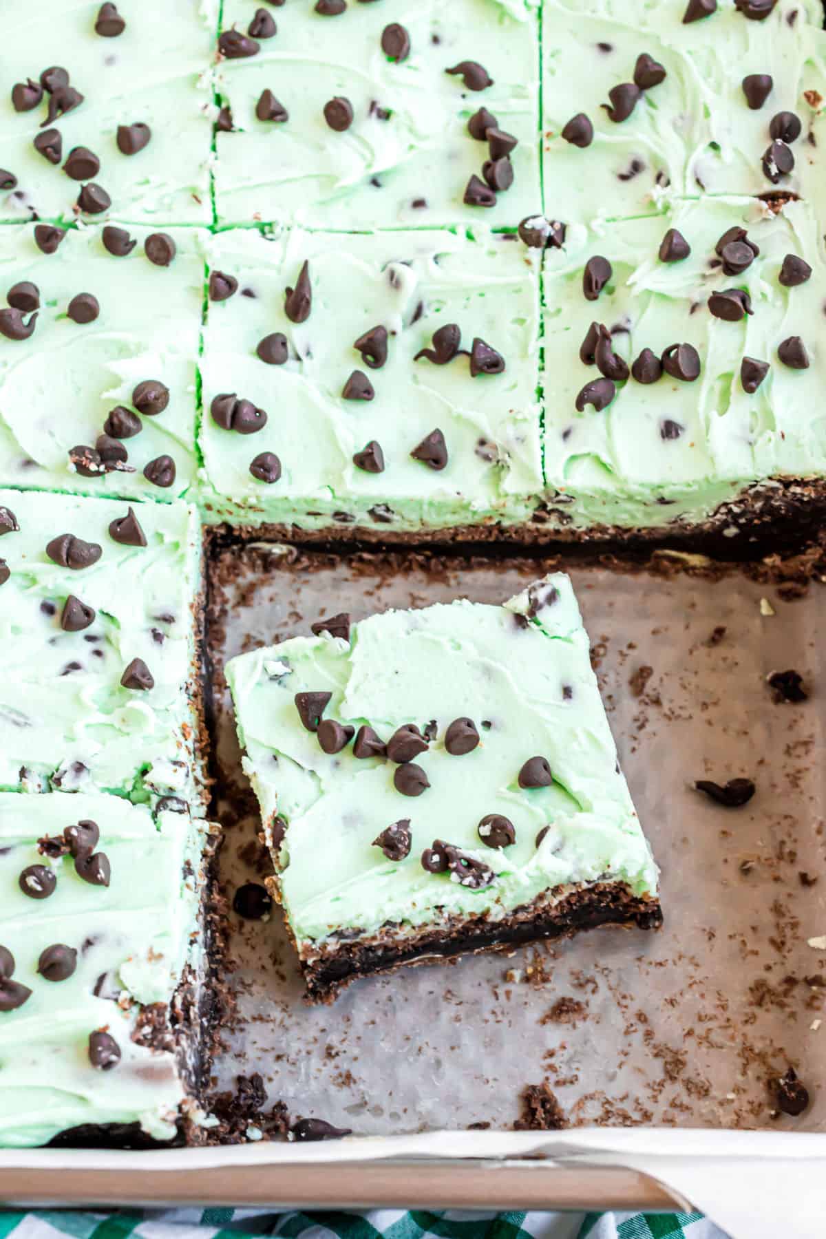 Mint frosted brownies cut into squares.