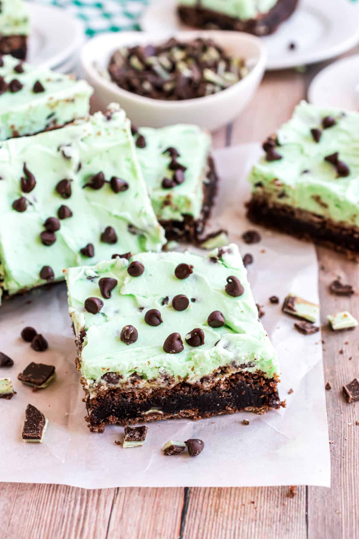 Mint chocolate chip frosting on brownies.