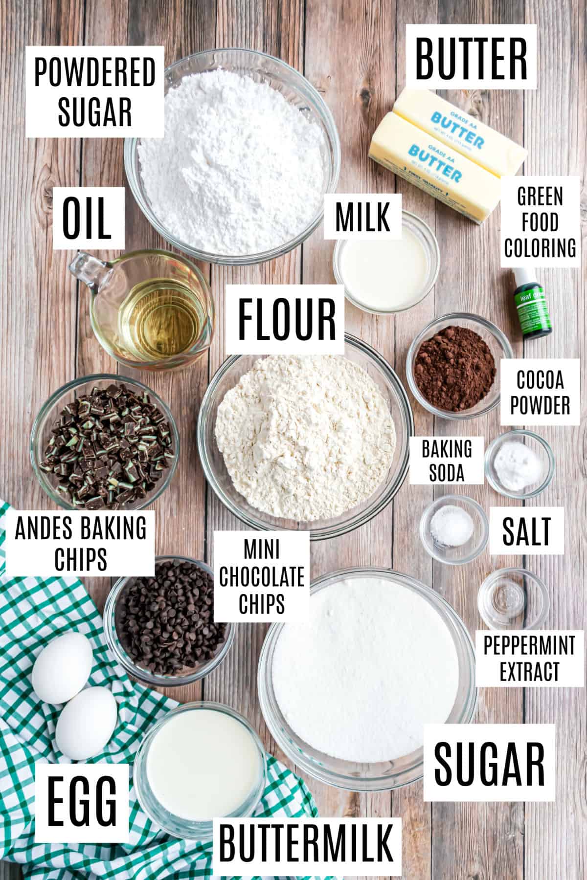 Ingredients needed to make chocolate chip mint frosted brownies.