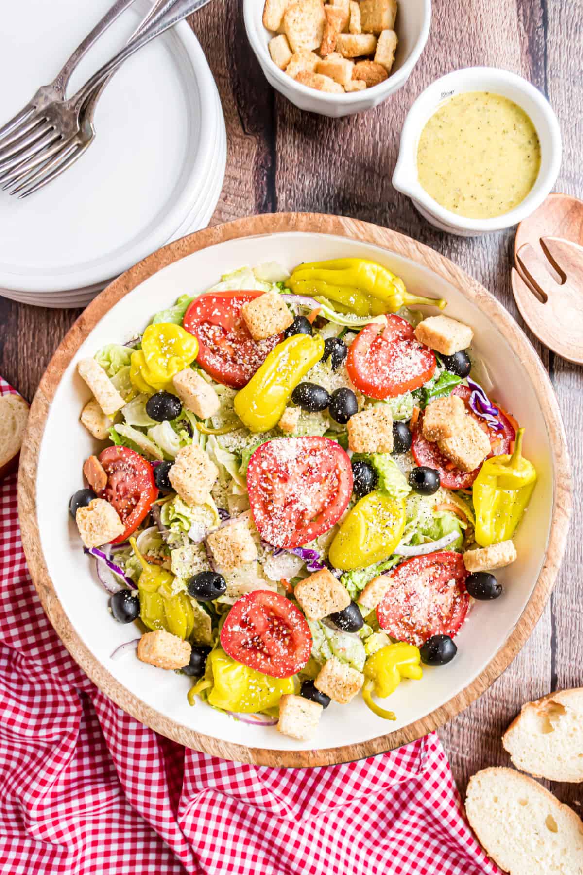 Italian salad served in a white bowl.