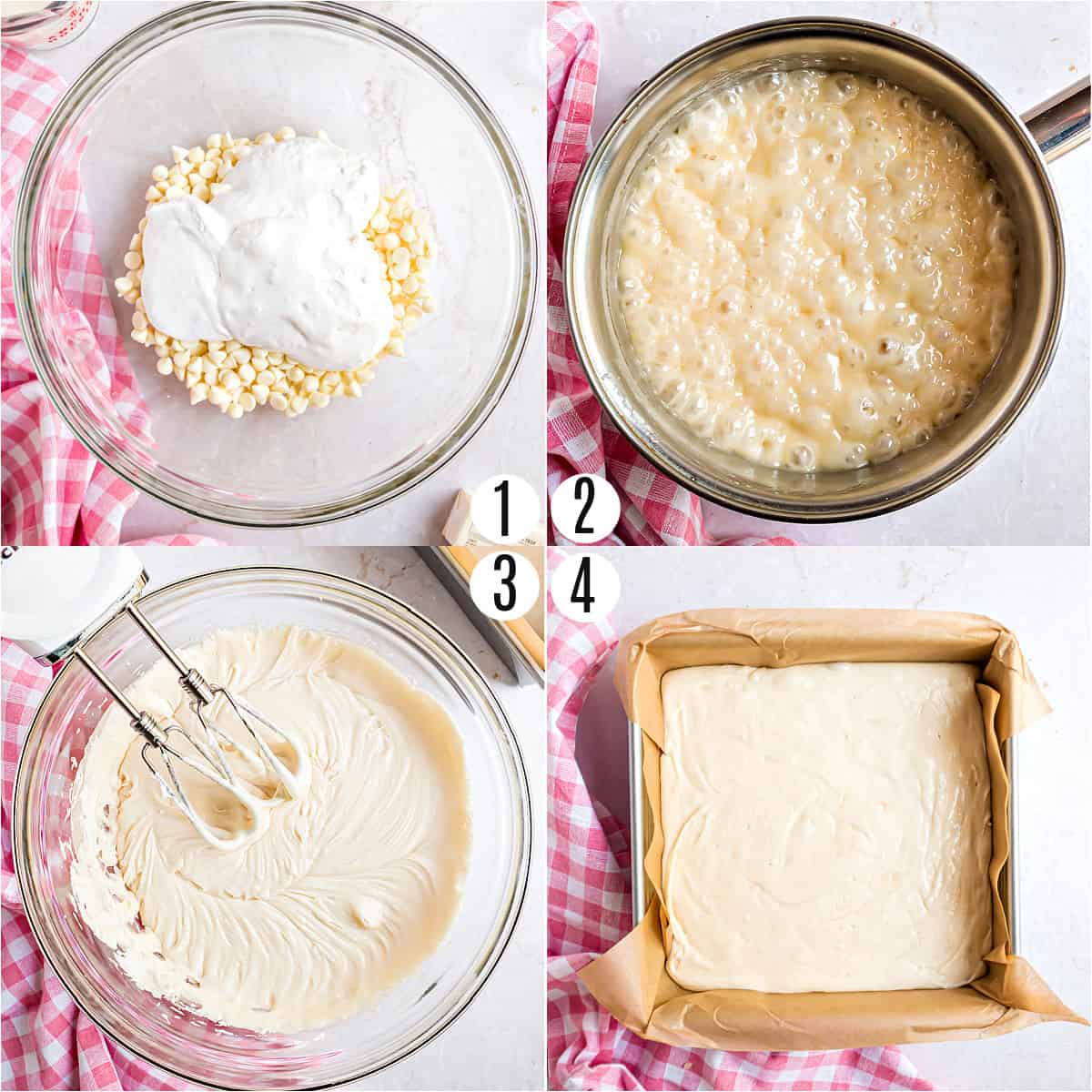 Step by step photos showing how to make vanilla fudge.