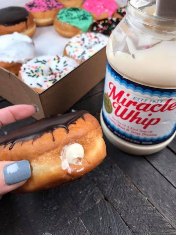 Mayonnaise filled doughnuts. Add a touch of mayo to a cream filled donut for the ultimate "gross out" for April Fool's Day! #aprilfoolsday #pranks 