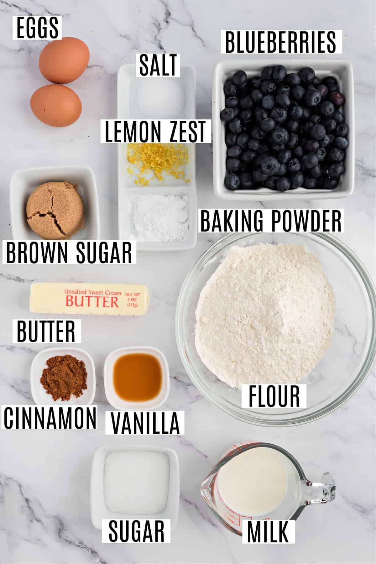 Ingredients needed to make blueberry buckle cake.