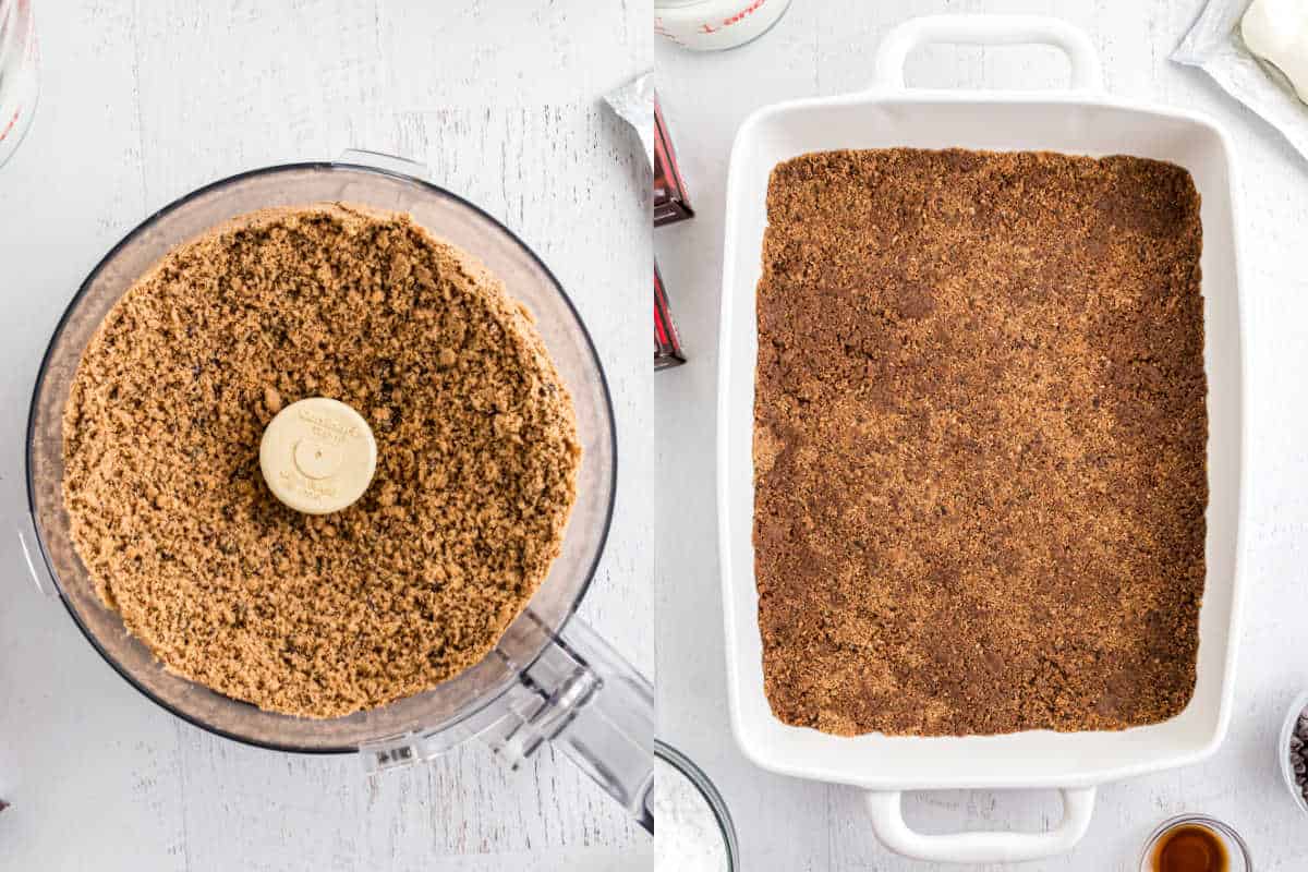 Step by step photos showing how to make a cookie crust.