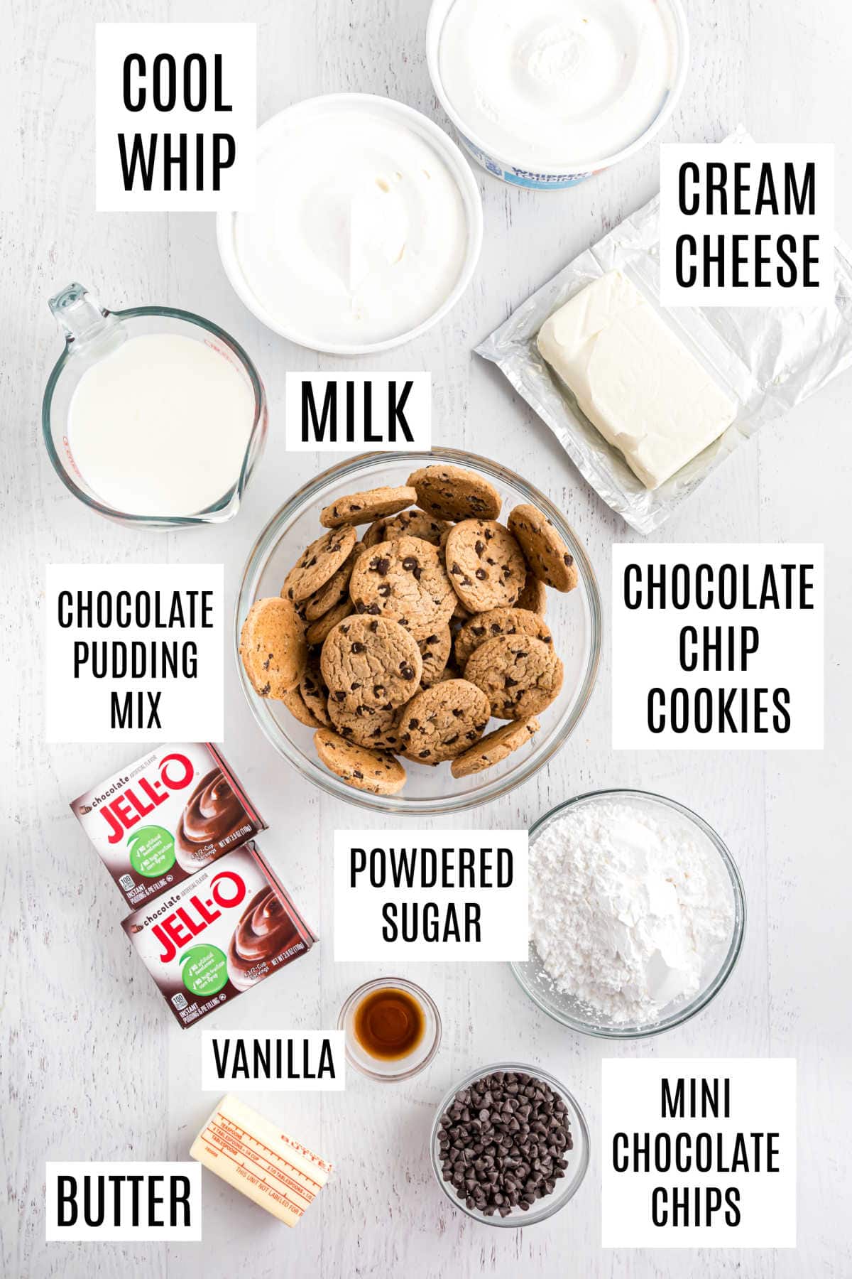 Ingredients needed to make chocolate chip lasagna recipe.