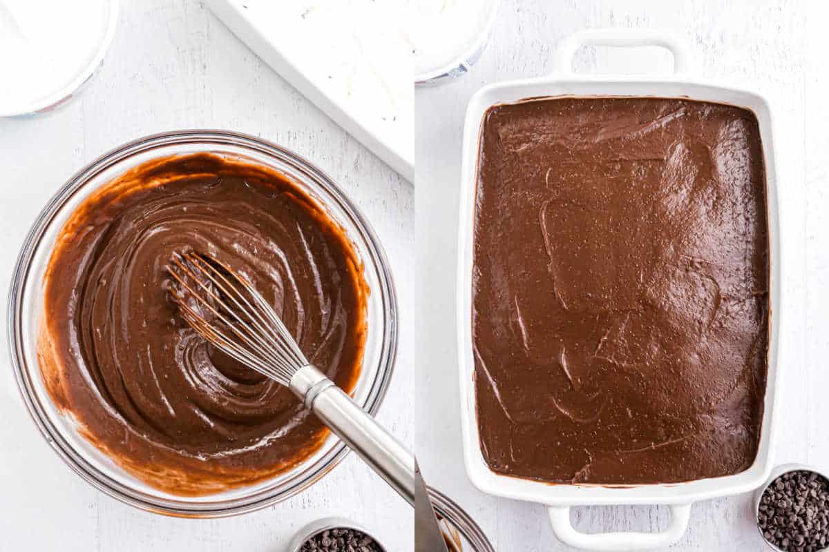 Step by step photos showing how to make chocolate pudding layers.