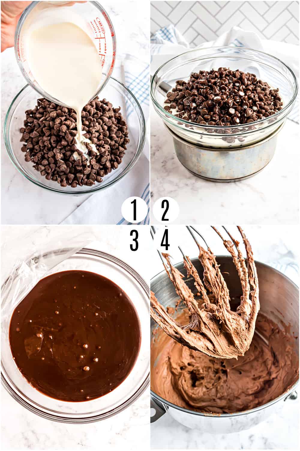 Step by step photos showing how to make chocolate ganache frosting.