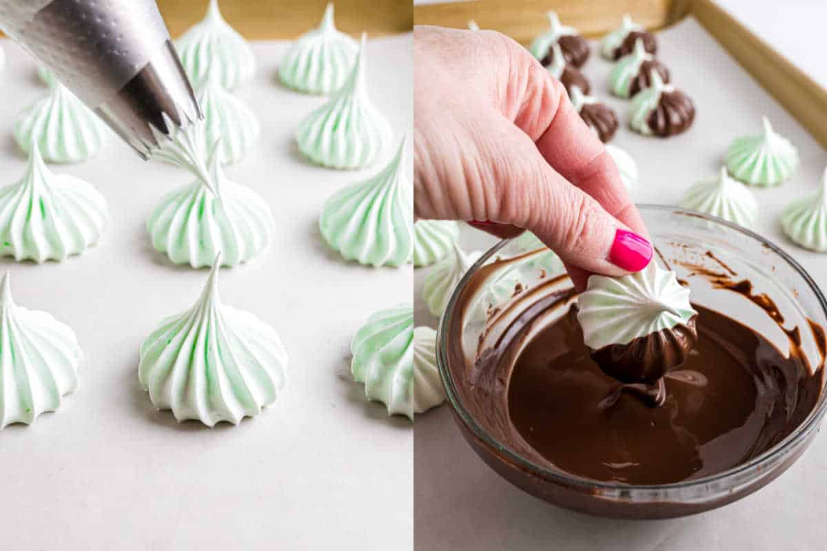 Piping chocolate mint meringues, then dipping them in melted chocolate with a hand holding one cookie.