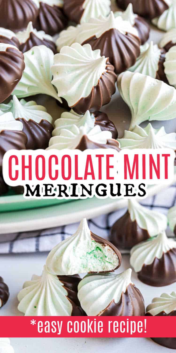 Chocolate mint meringues, half dipped in chocolate, are artfully arranged on a plate with a text overlay.