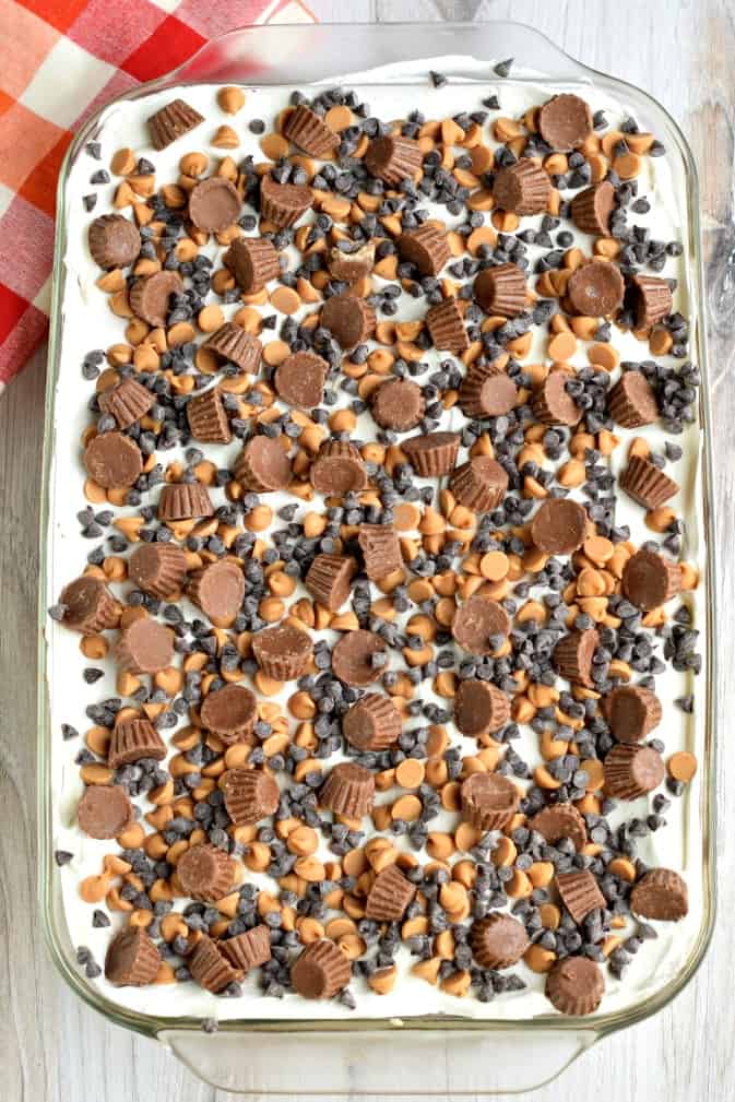 Chocolate peanut butter lasagna in a baking dish and topped with reese's peanut butter cup minis, chocolate chips, and peanut butter morsels.