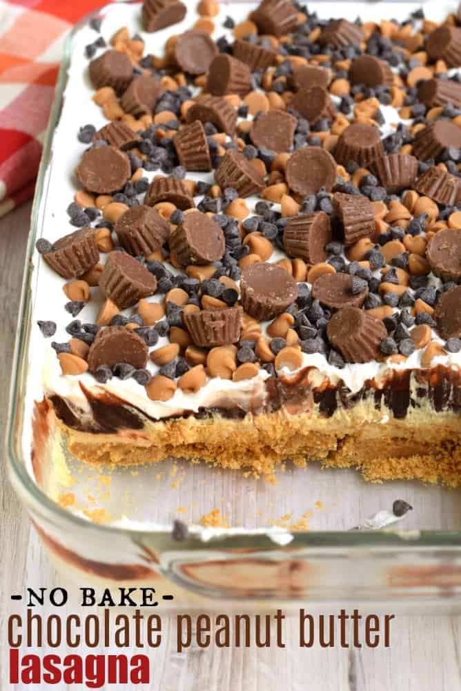 Baking dish with layered chocolate peanut butter lasagna dessert.