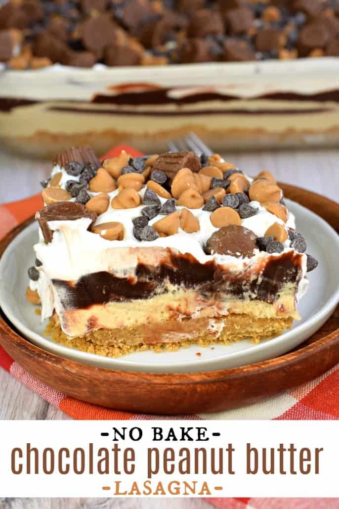 Slice of no bake layered peanut butter and chocolate lasagna on a white plate.