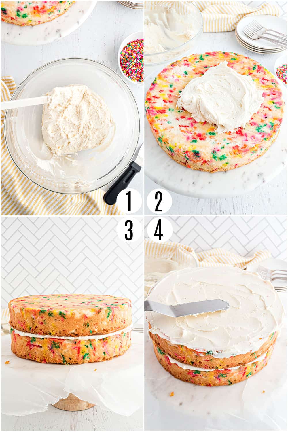 Step by step pictures showing  frost a layer cake.  Vanilla Funfetti Cake funfetti cake assembled