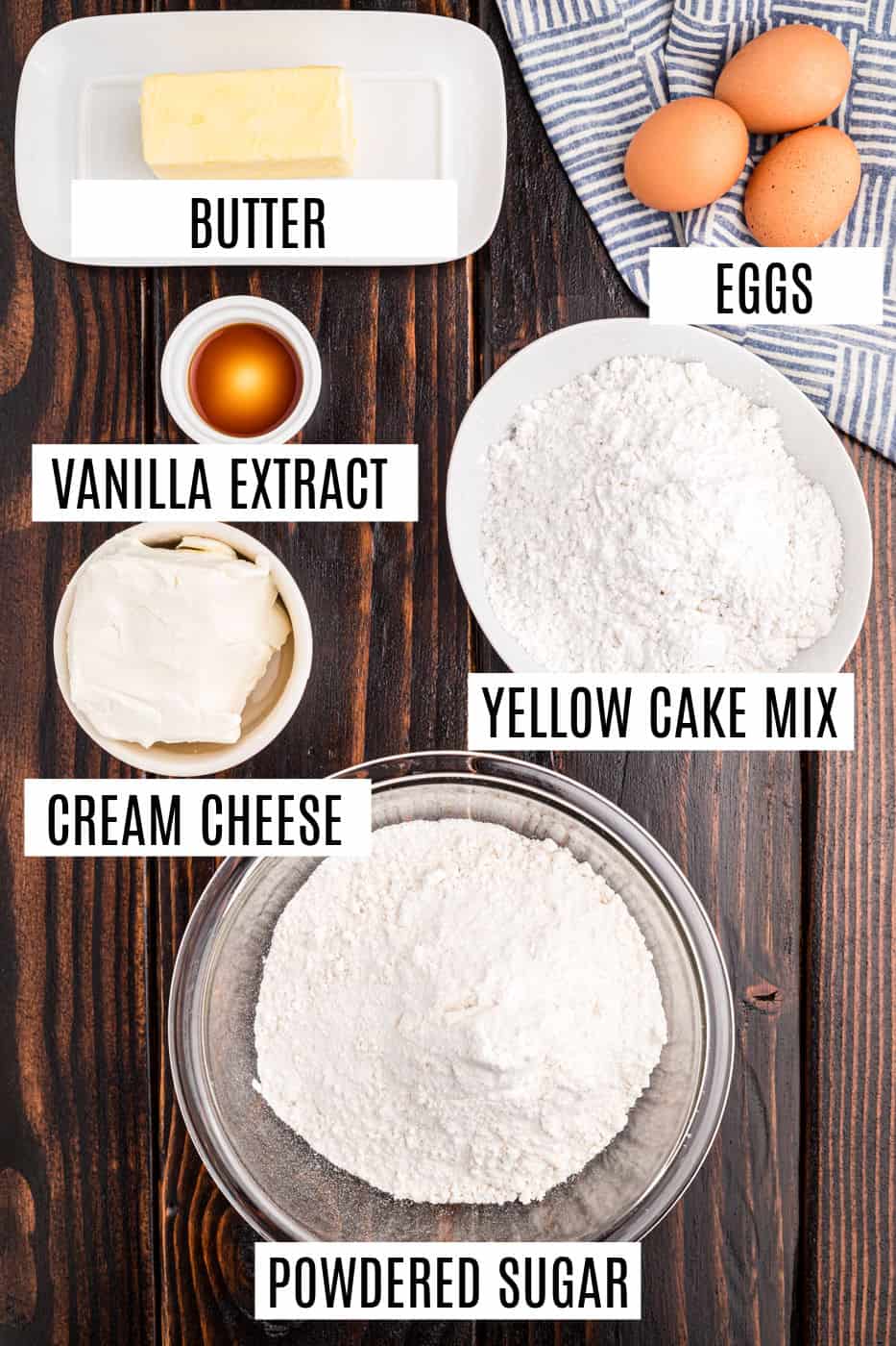 Ingredients needed for gooey butter cake recipe.