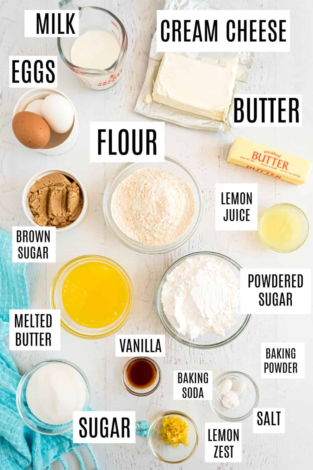 Ingredients needed to make lemon crumb coffee cake.