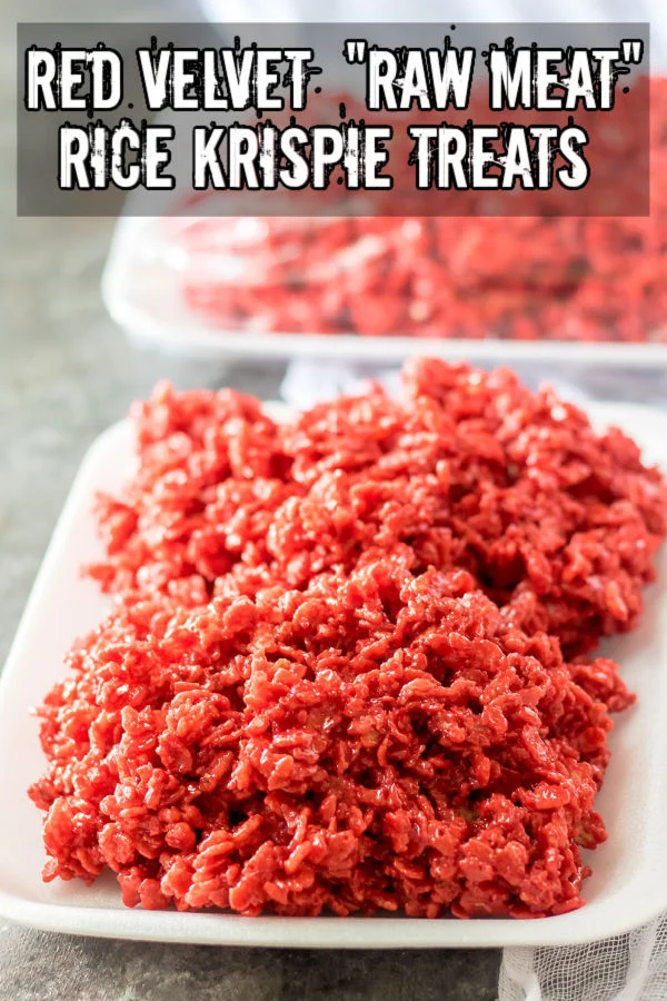 Red velvet rice krispie treats that looks like raw meat.