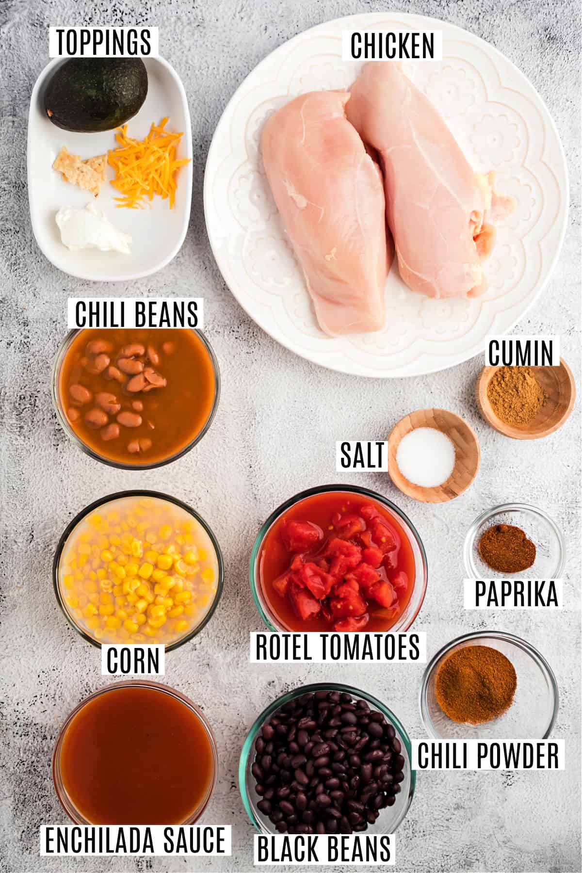 Ingredients needed to make chicken enchilada chili in the crockpot.