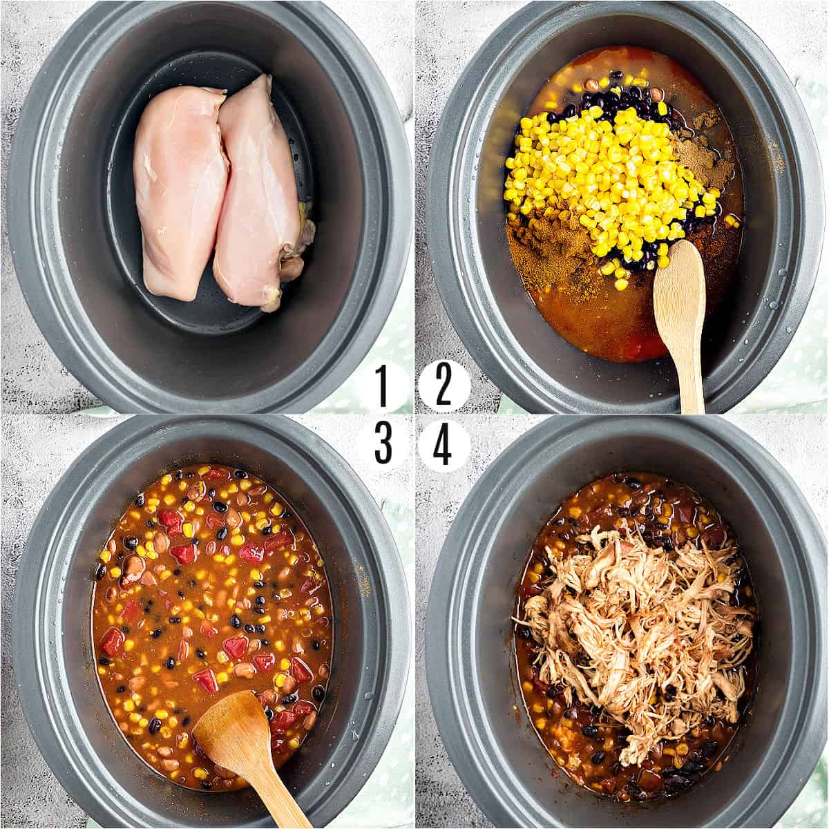 Step by step photos showing how to make chicken enchilada chili in a crockpot.