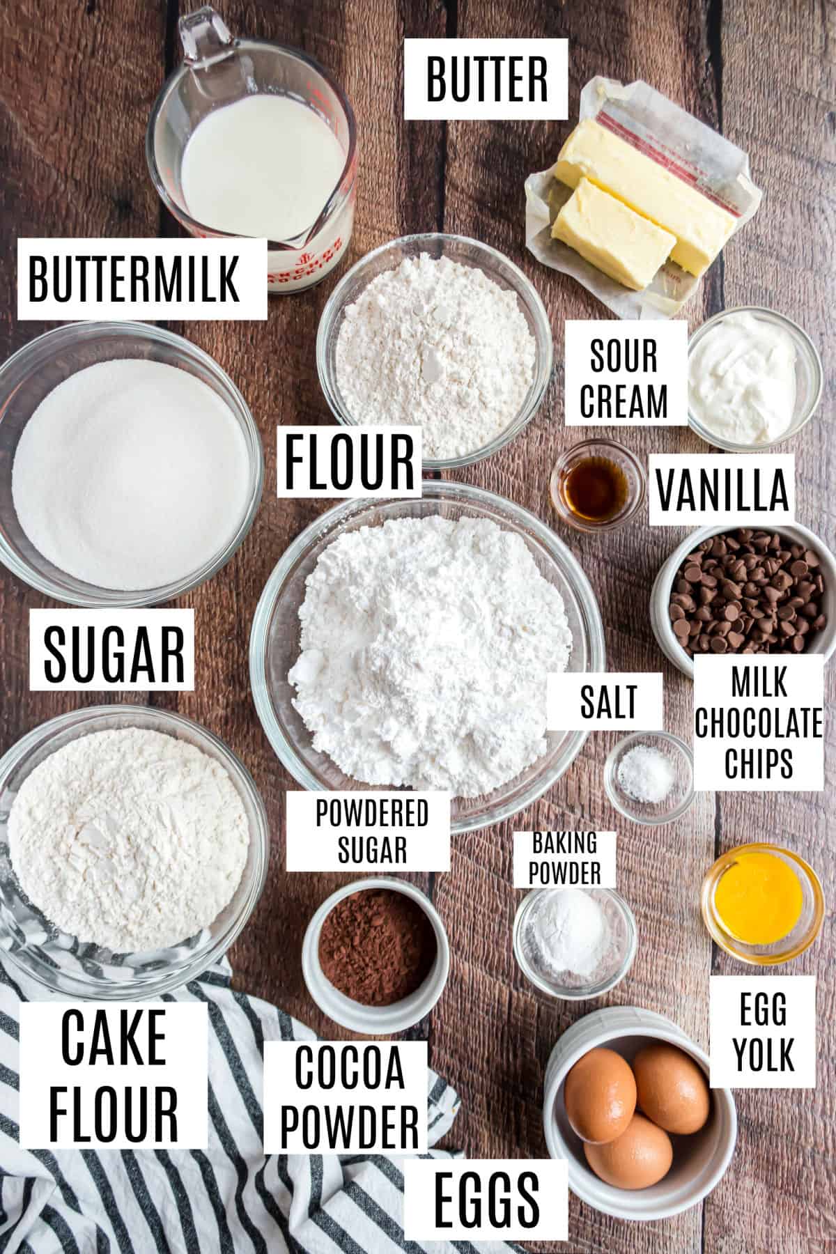 Ingredients needed to make a yellow layer cake.