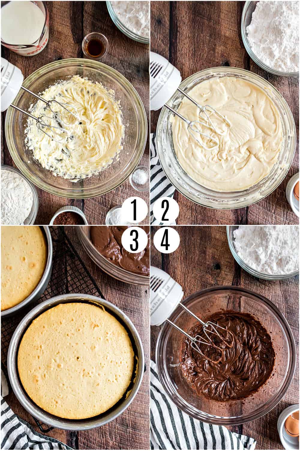 Step by step photos showing how to make yellow cake with fudge frosting.