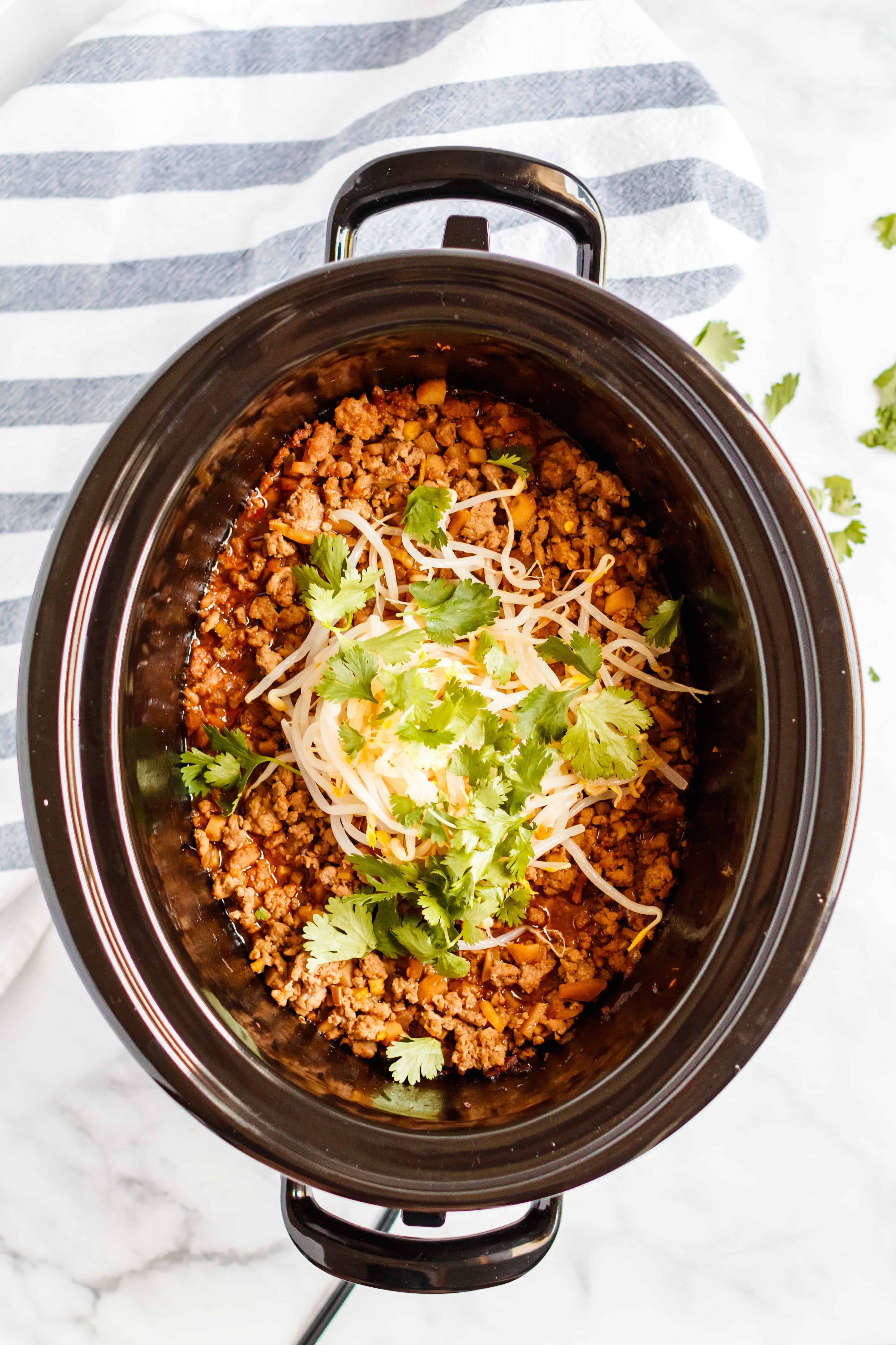 Crockpot filled with pf change homemade lettuce wrap ingredients.