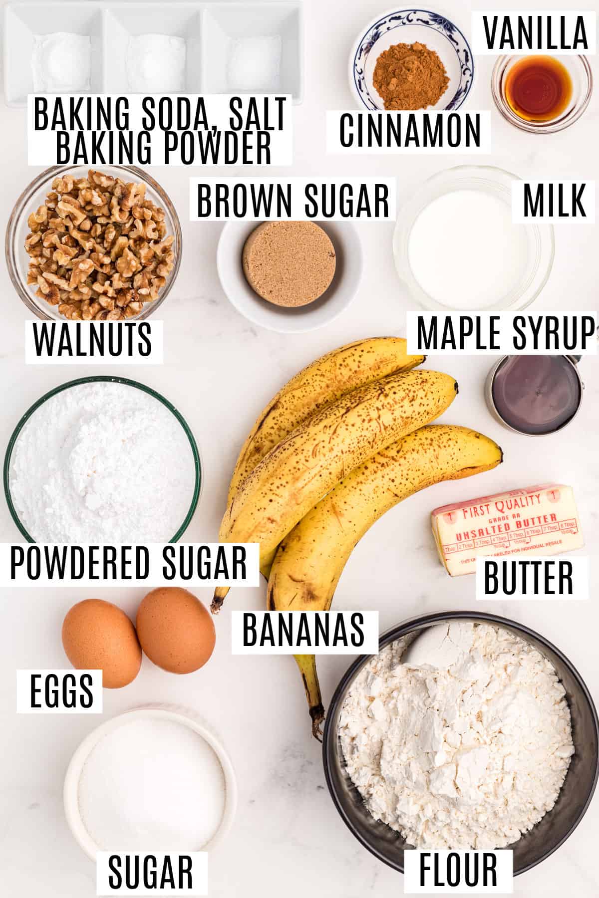 Ingredients needed for banana coffee cake recipe.