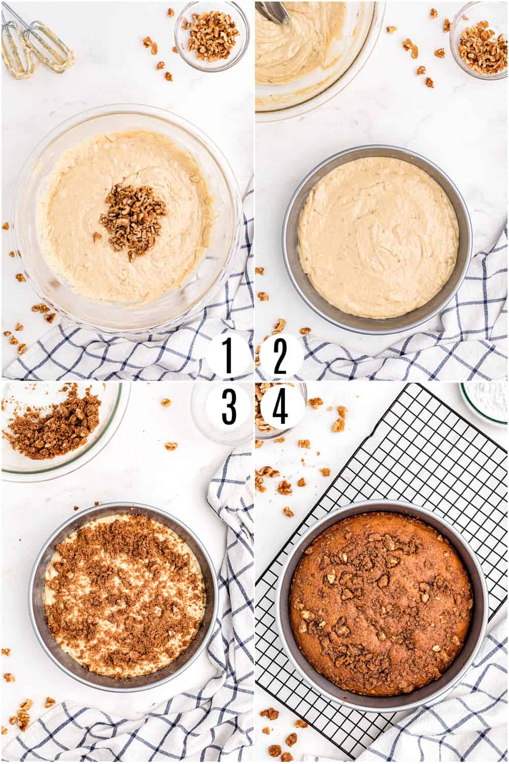 Step by step photos showing how to make banana coffee cake.