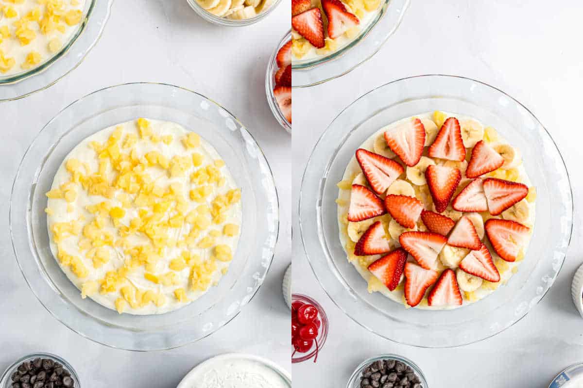 Step by step photos showing how to layer fruit on cheesecake.