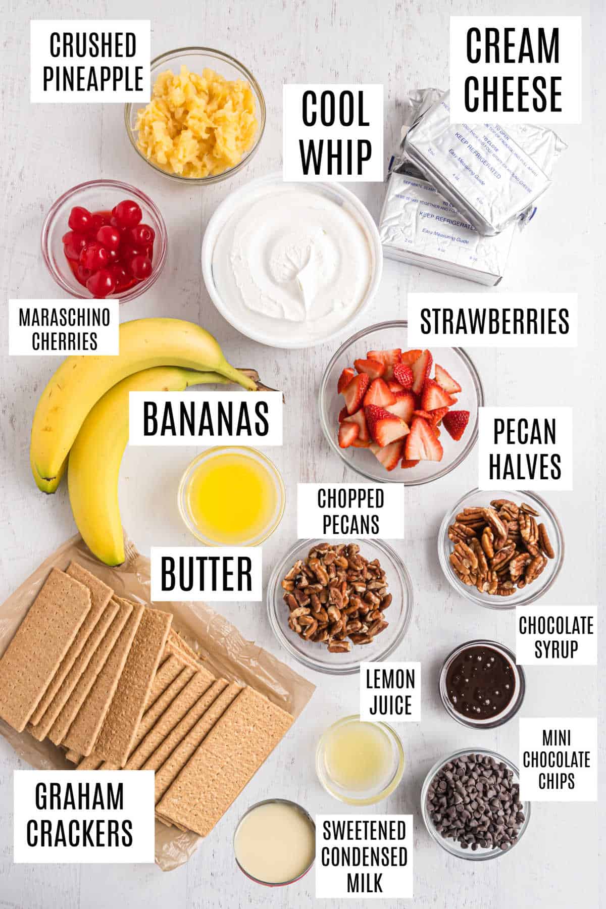 Ingredients needed to make banana split cheesecake.