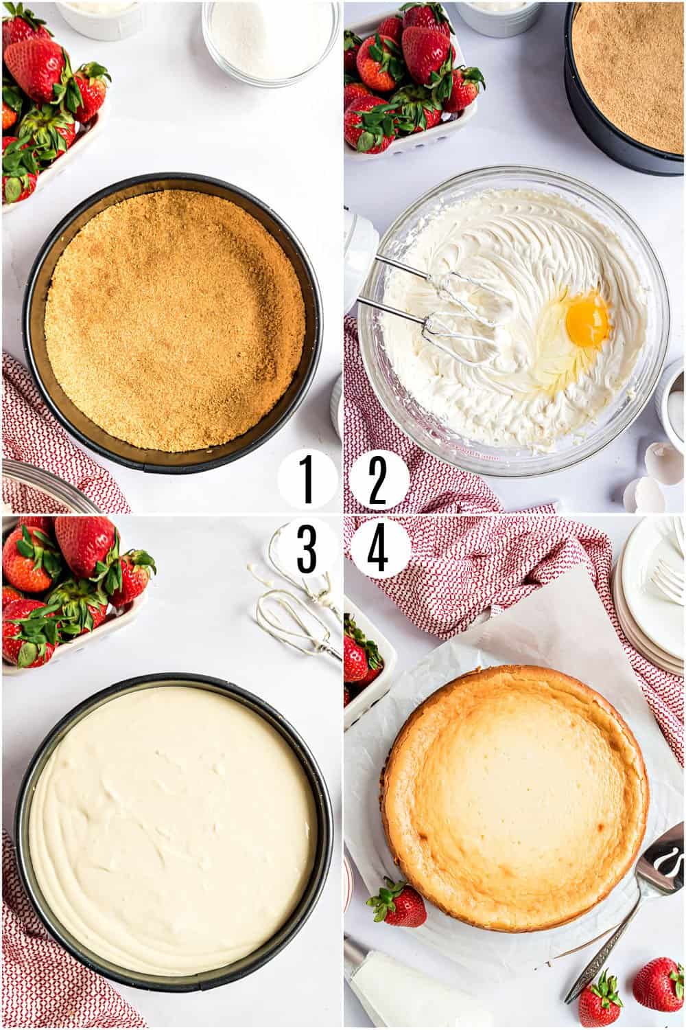 Step by step photos showing how to make cheesecake.