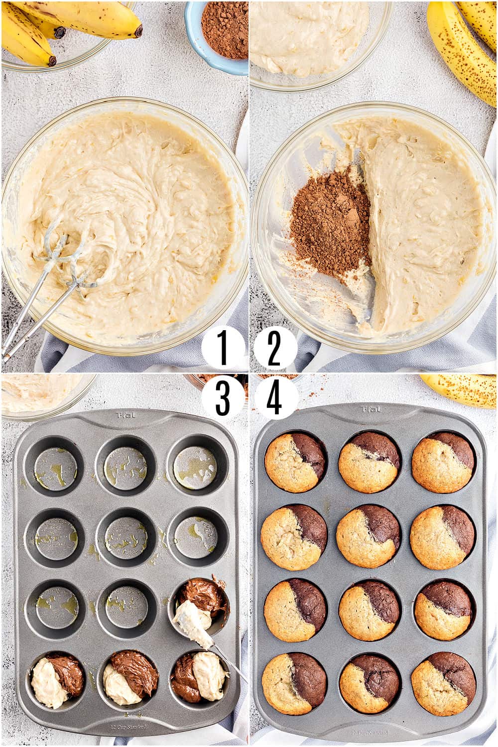 Step by step photos showing how to make chocolate banana muffins.