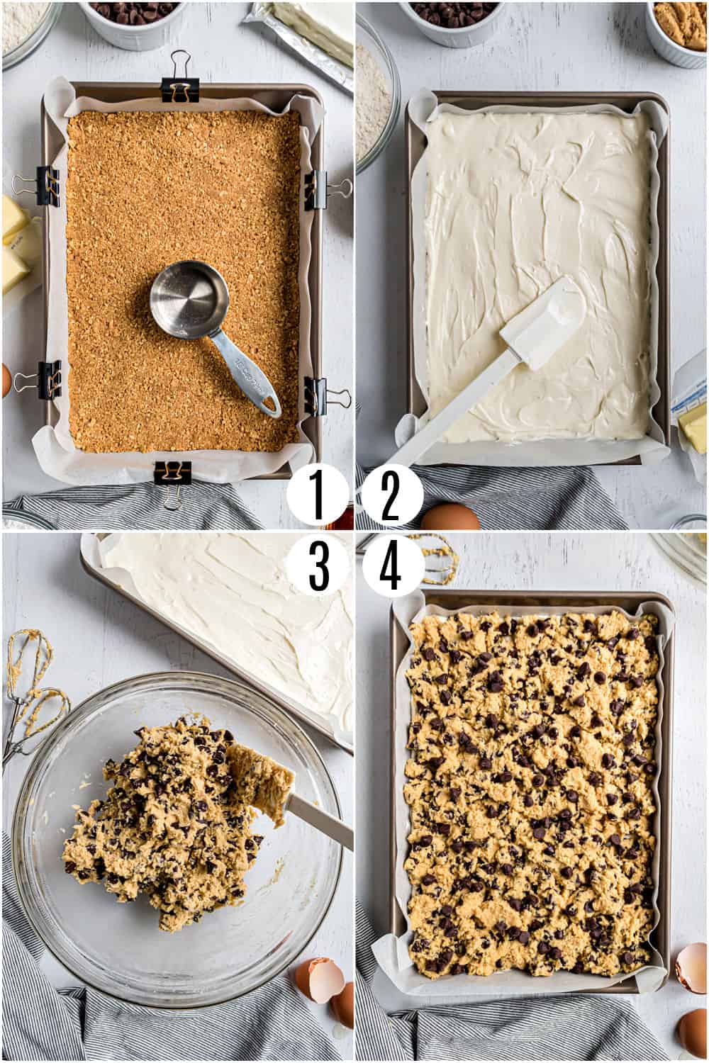 Step by step photos showing how to make chocolate chip cheesecake bars.