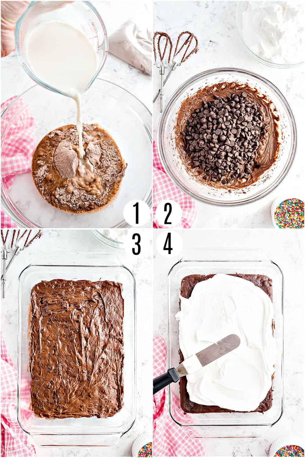 Step by step photos showing how to make chocolate pudding cake.