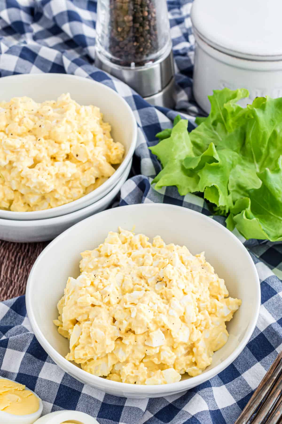 Two bowls of low carb egg salad for eating.