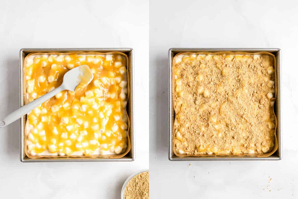 Two square pans: one with a spatula spreading lemon meringue fudge filling, the other topped with a crumbly layer, both on a white surface.