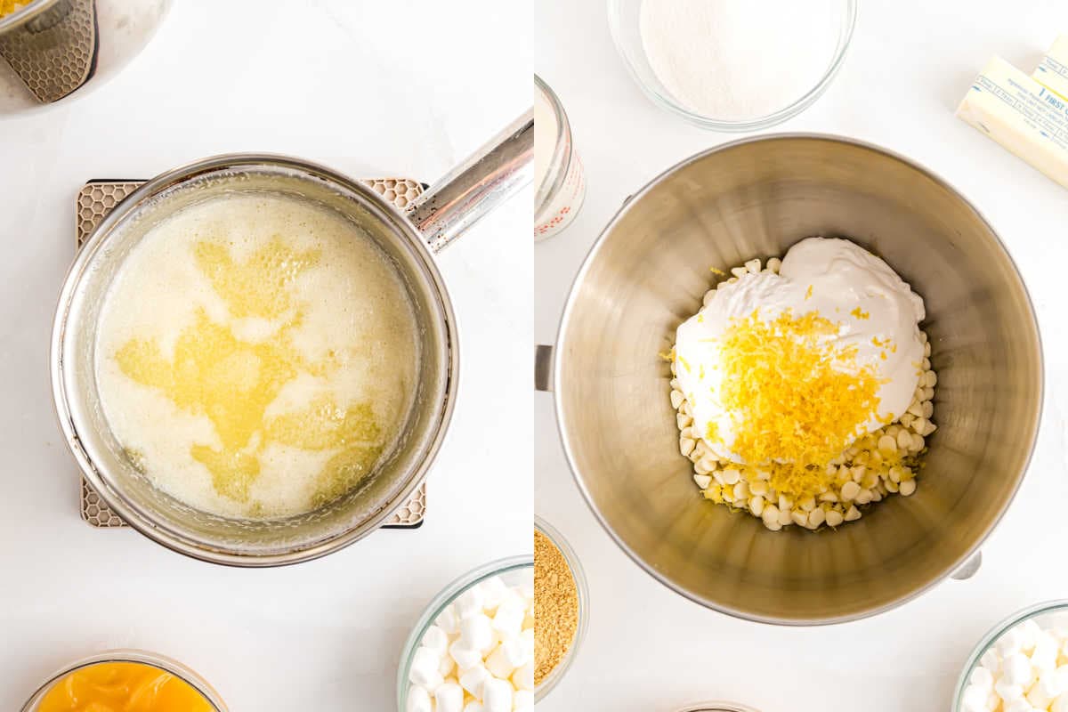 A pot of melted butter and a metal bowl with white chocolate, marshmallows, and lemon zest sit on a white surface—perfect for making lemon meringue fudge.