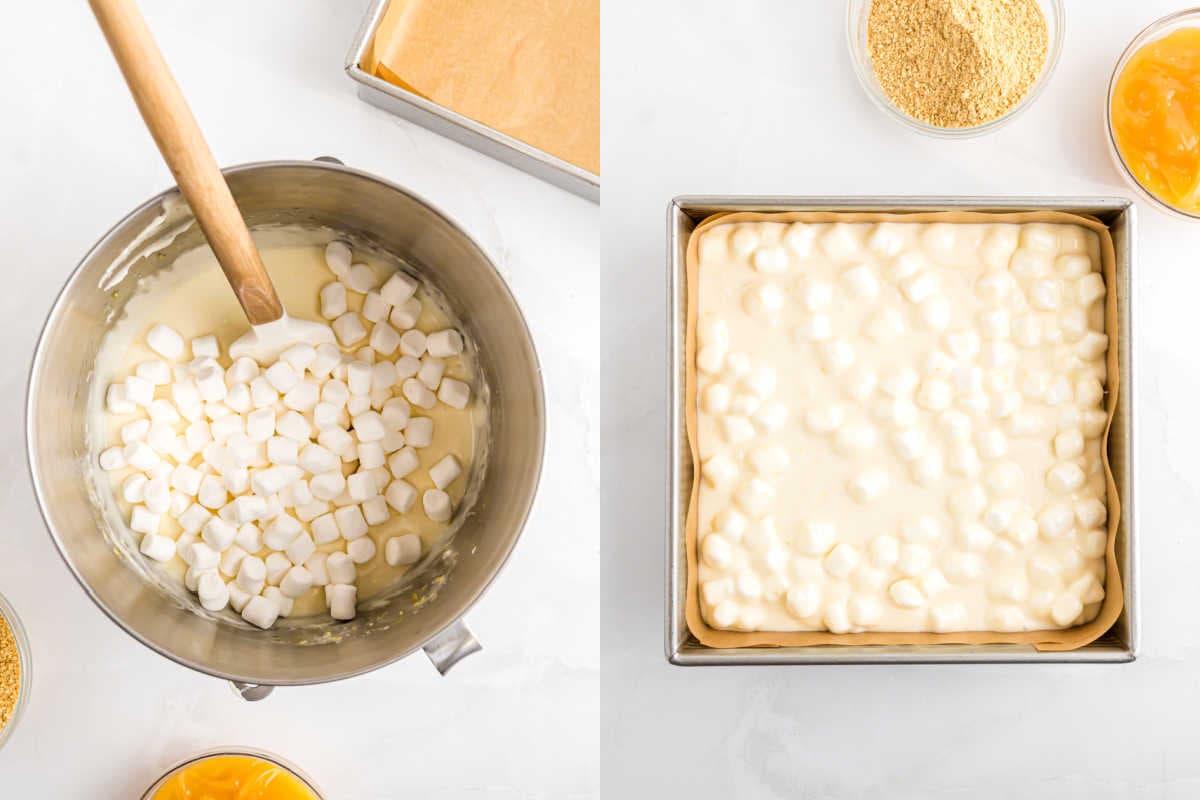 Left: marshmallows melting in a pot; right: lemon meringue fudge mix spread in a parchment-lined square pan.