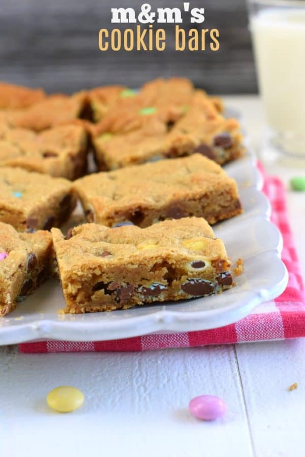 Soft and chewy M&M's Cookie Bars. Packed with brown sugar and chocolate, you won't be able to resist these cookie bars!