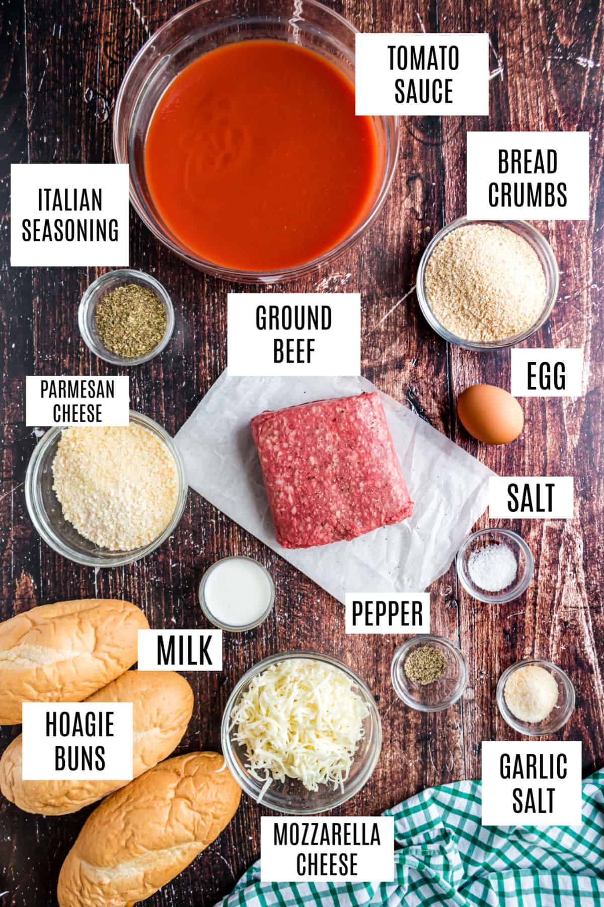 Ingredients needed for meatball subs in the slow cooker.