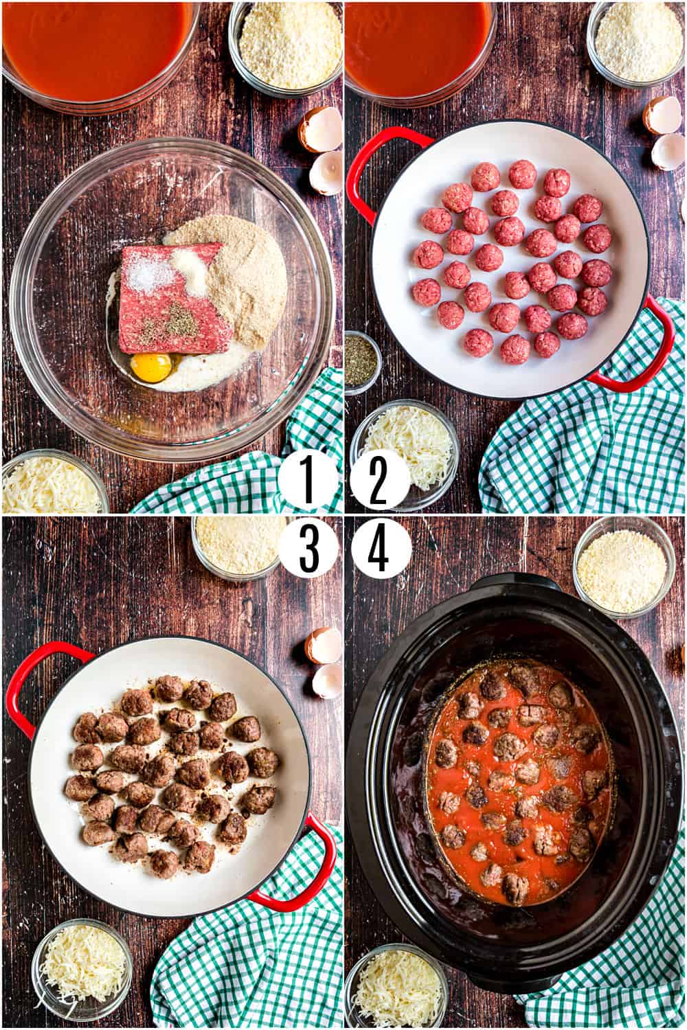 Step by step photos showing how to make meatballs in skillet.