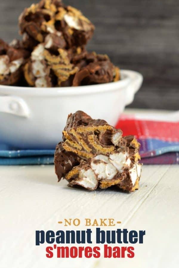 4 ingredient No Bake Peanut Butter S'mores Bars. Cut into squares, served in a bowl.